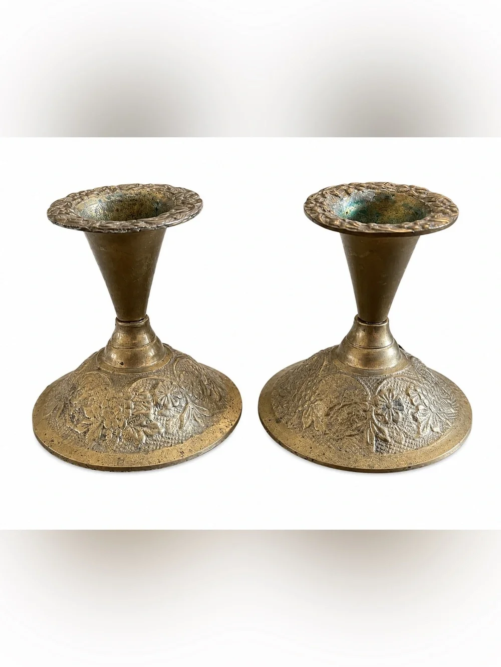 Vintage Goel India  Brass Taper Candle Holders Set of 2 Hand-Engraved Floral